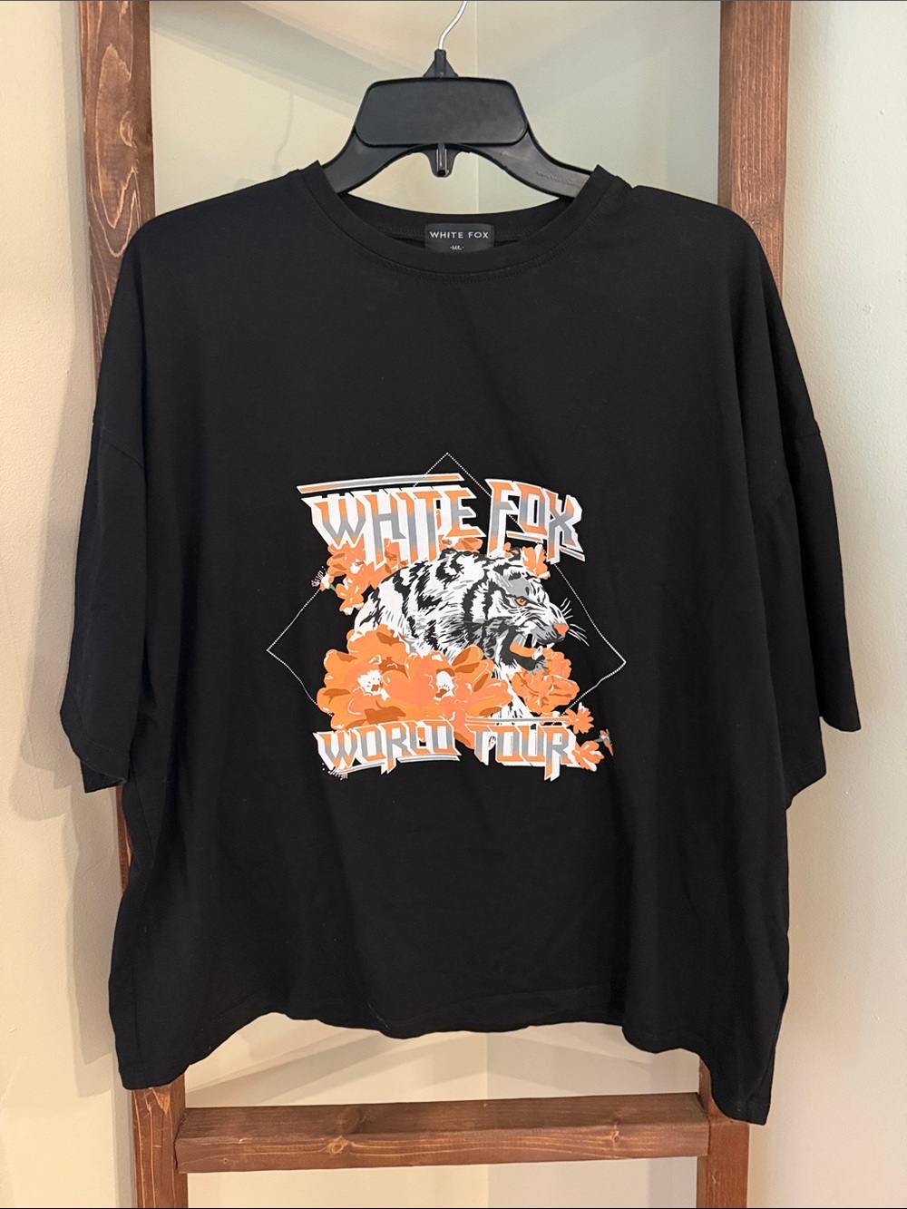 White Fox Black Graphic Tee with Peachy/Pink Floral Tiger